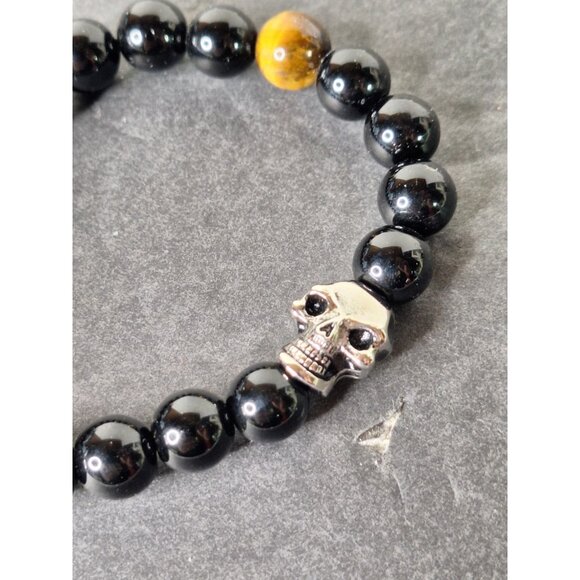 Tiger Eye Black Onyx Stone Skull & Hematite Lion Head Stretch Bracelets(2) - Picture 10 of 12